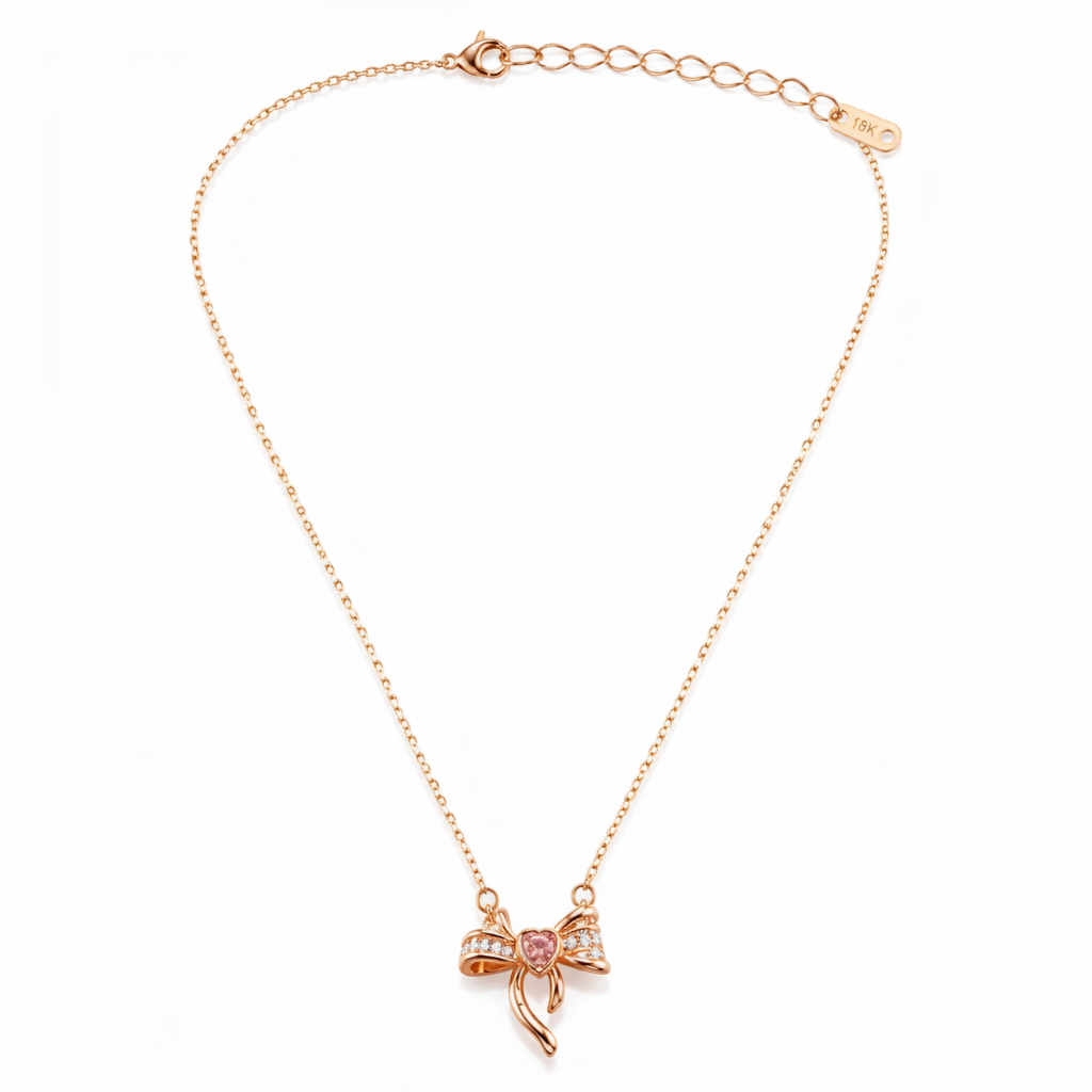 Rose Gold Crystal Bow Necklace with Heart Charm