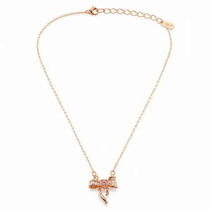 Rose Gold Crystal Bow Necklace with Heart Charm
