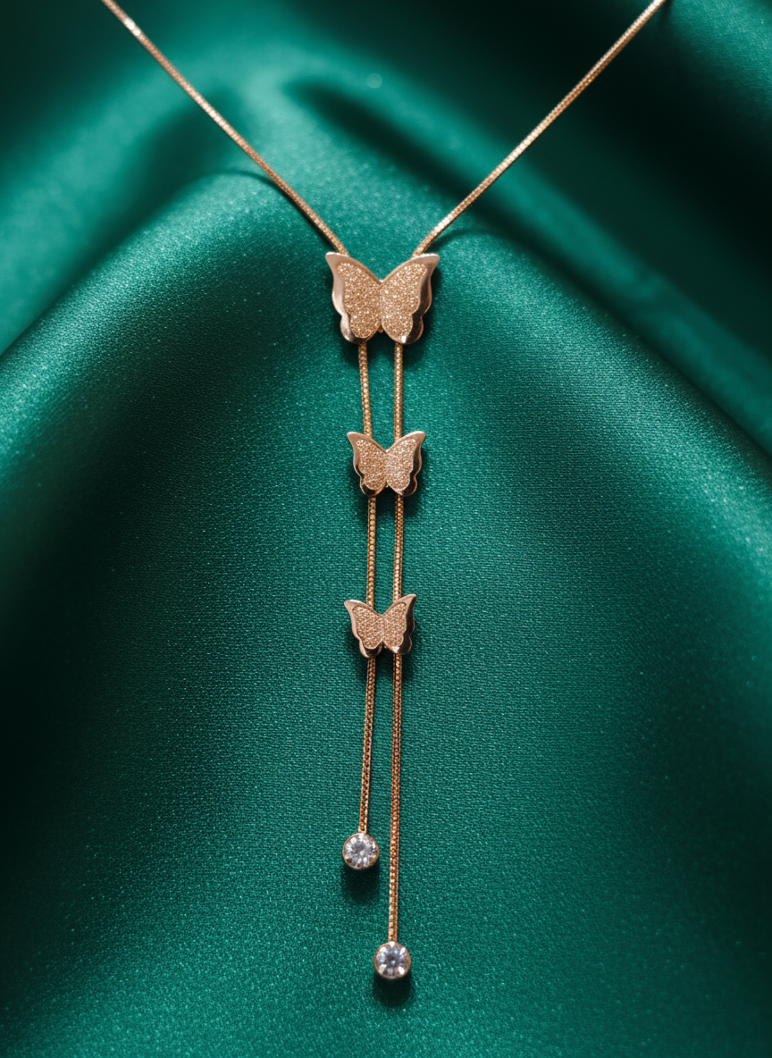 Elegant Rose Gold Triple Butterfly Tassel Pendant Necklace