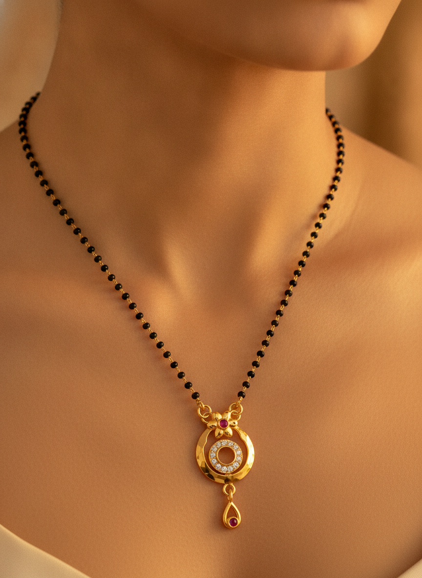 NUGOLD Traditional Gold-Tone Mangalsutra with Floral Crystal Pendant
