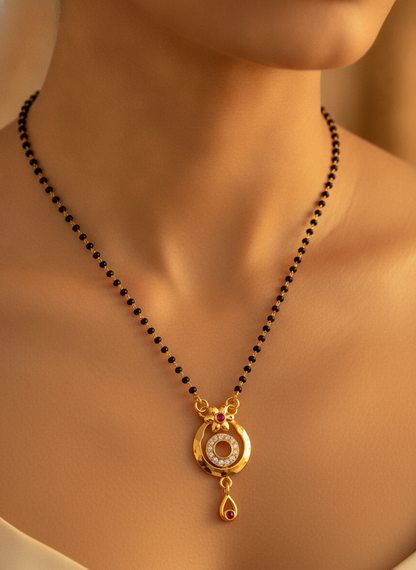 NUGOLD Traditional Gold-Tone Mangalsutra with Floral Crystal Pendant