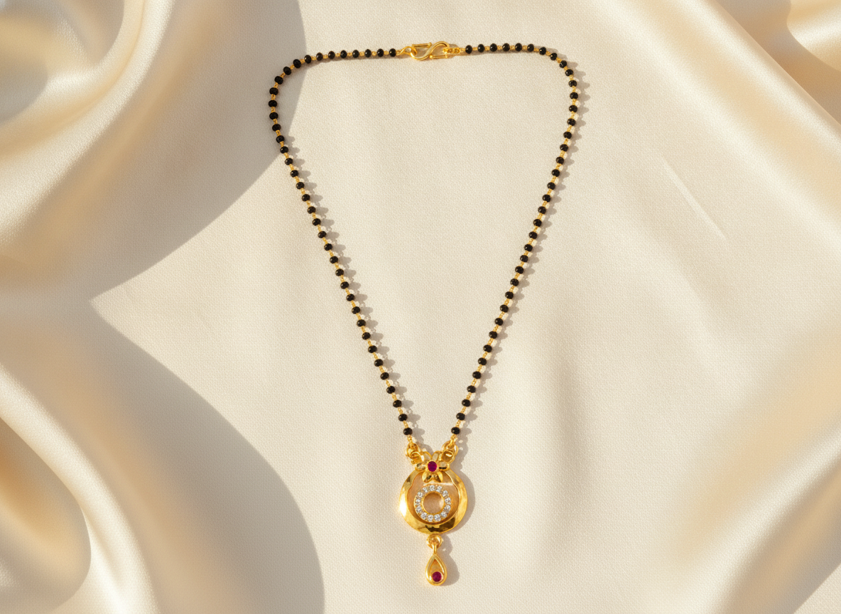 NUGOLD Traditional Gold-Tone Mangalsutra with Floral Crystal Pendant