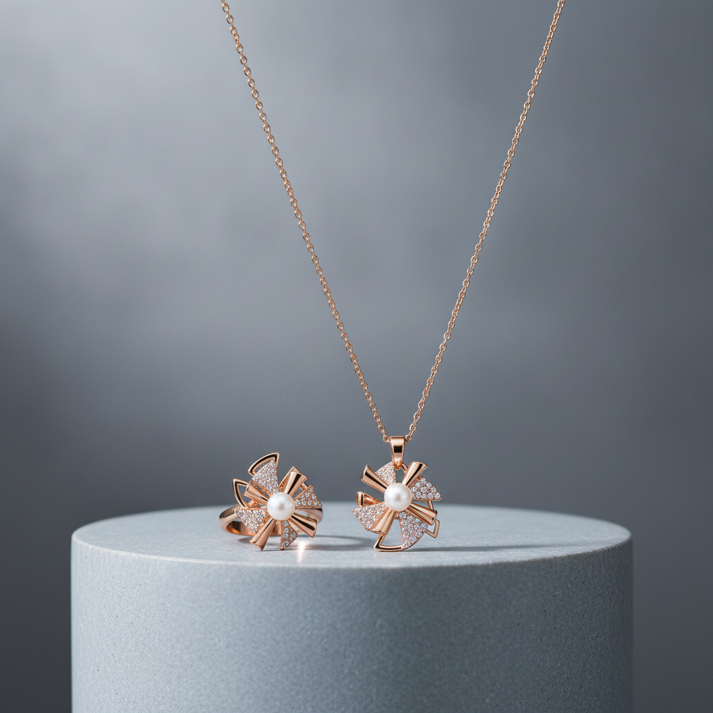 Elegant Rose Gold Pinwheel Pearl & CZ Pendant Necklace with Matching Ring Combo Set for Women