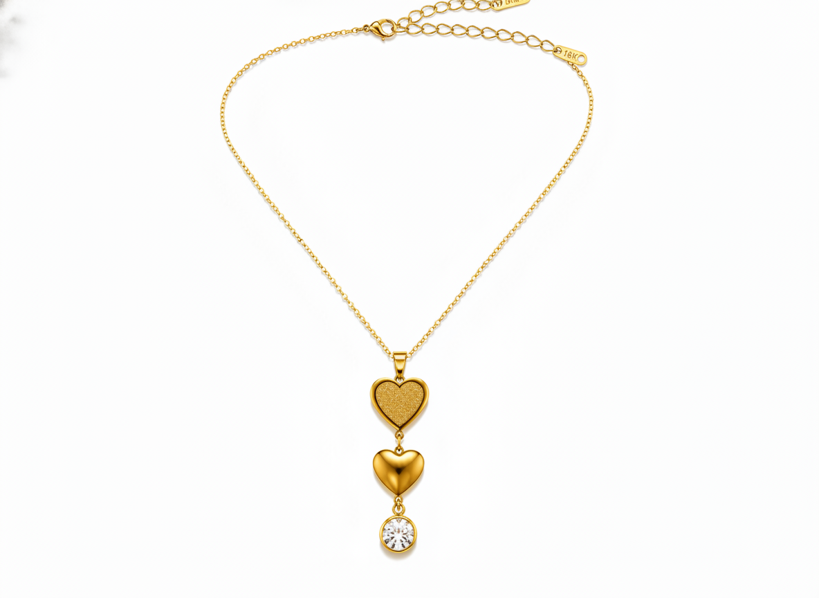 Golden Double Heart Crystal Pendant Necklace for Women