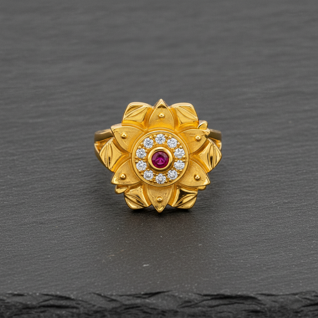Royal Lotus Ruby & Crystal Statement Ring For Women