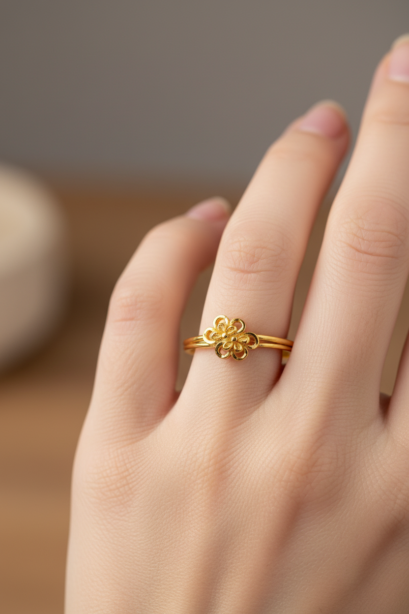 NuGold Delicate Floral Charm Gold Ring