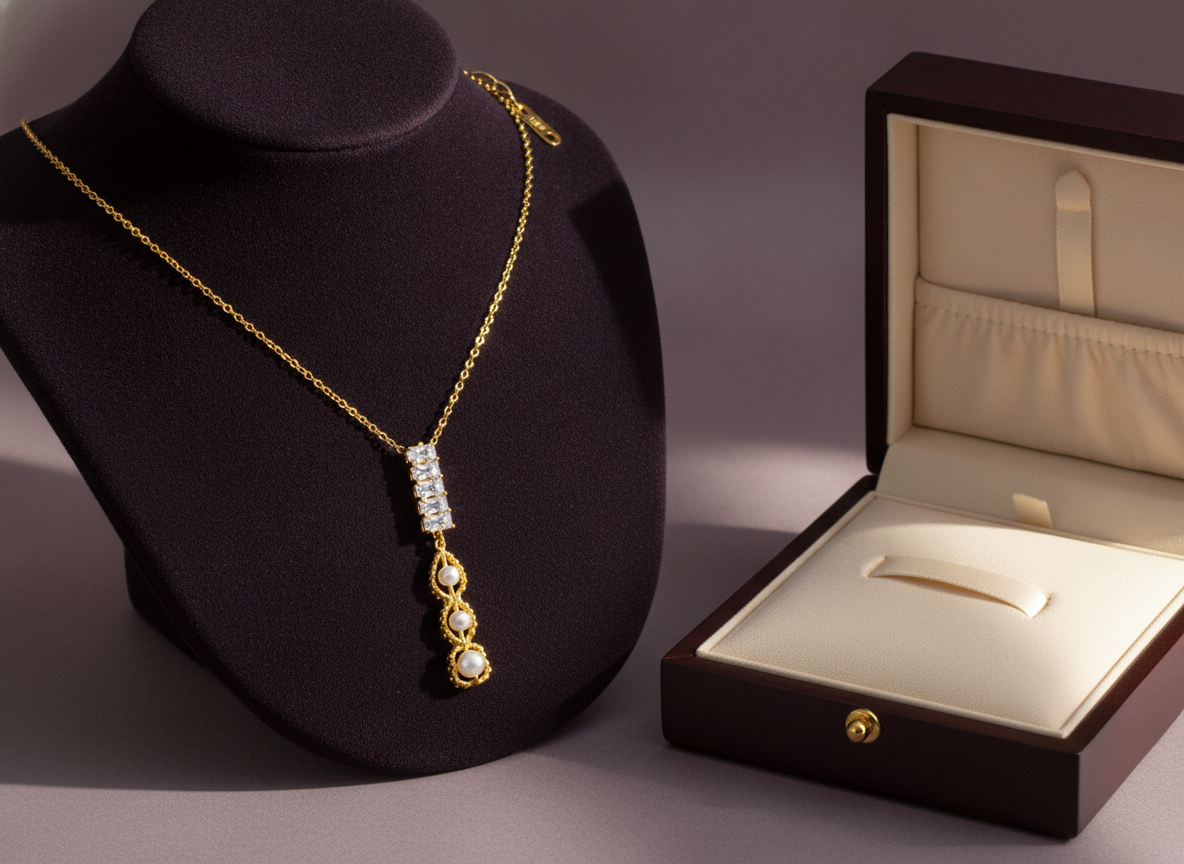 Elegant Crystal Bar & Pearl Drop Pendant Necklace