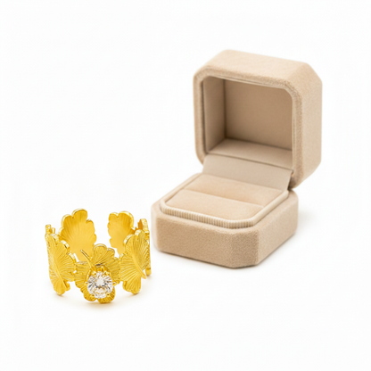NUGOLD Leaf Adjustable Ring with Solitaire CZ Stone