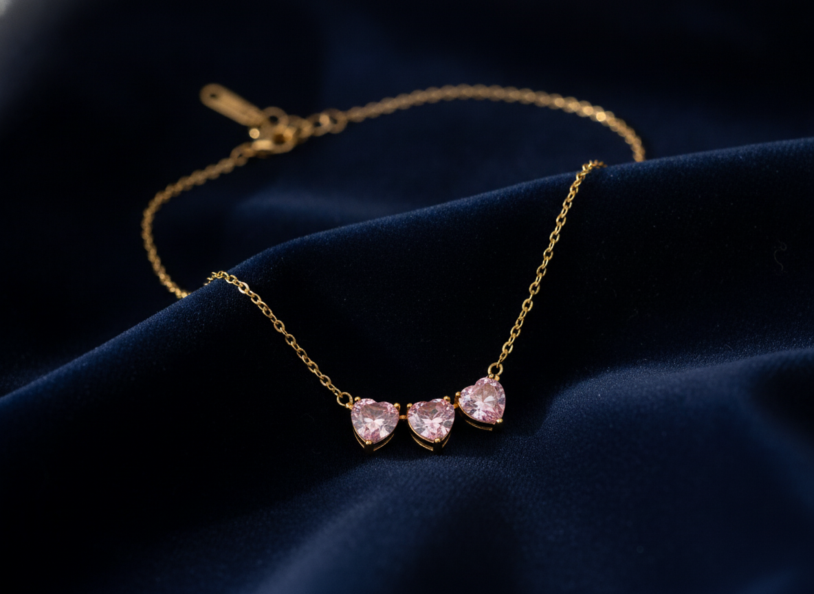 NUGOLD Triple Pink Heart Crystal Necklace for Women & Girls