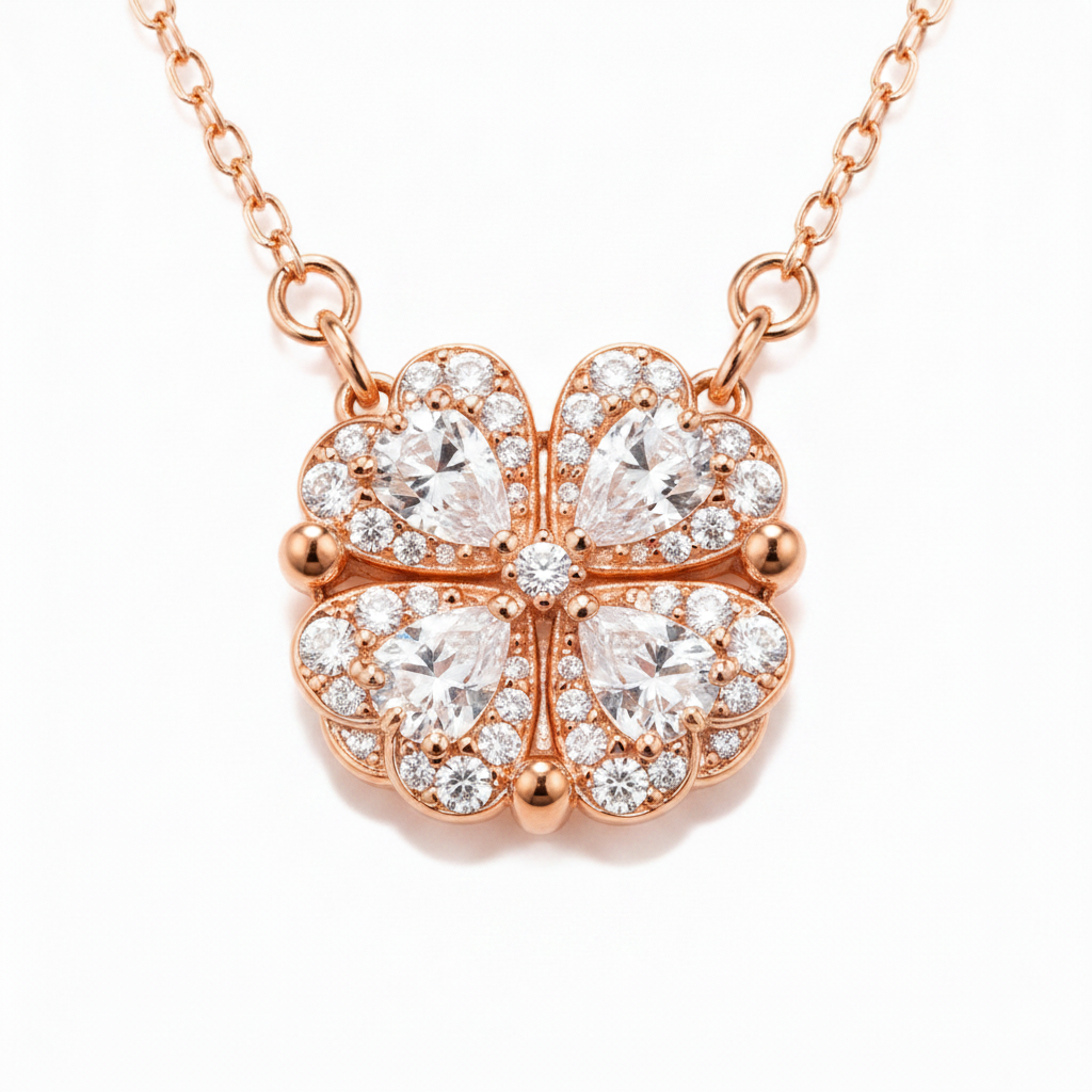 Heart-Shaped Crystal Clover Pendant Necklace