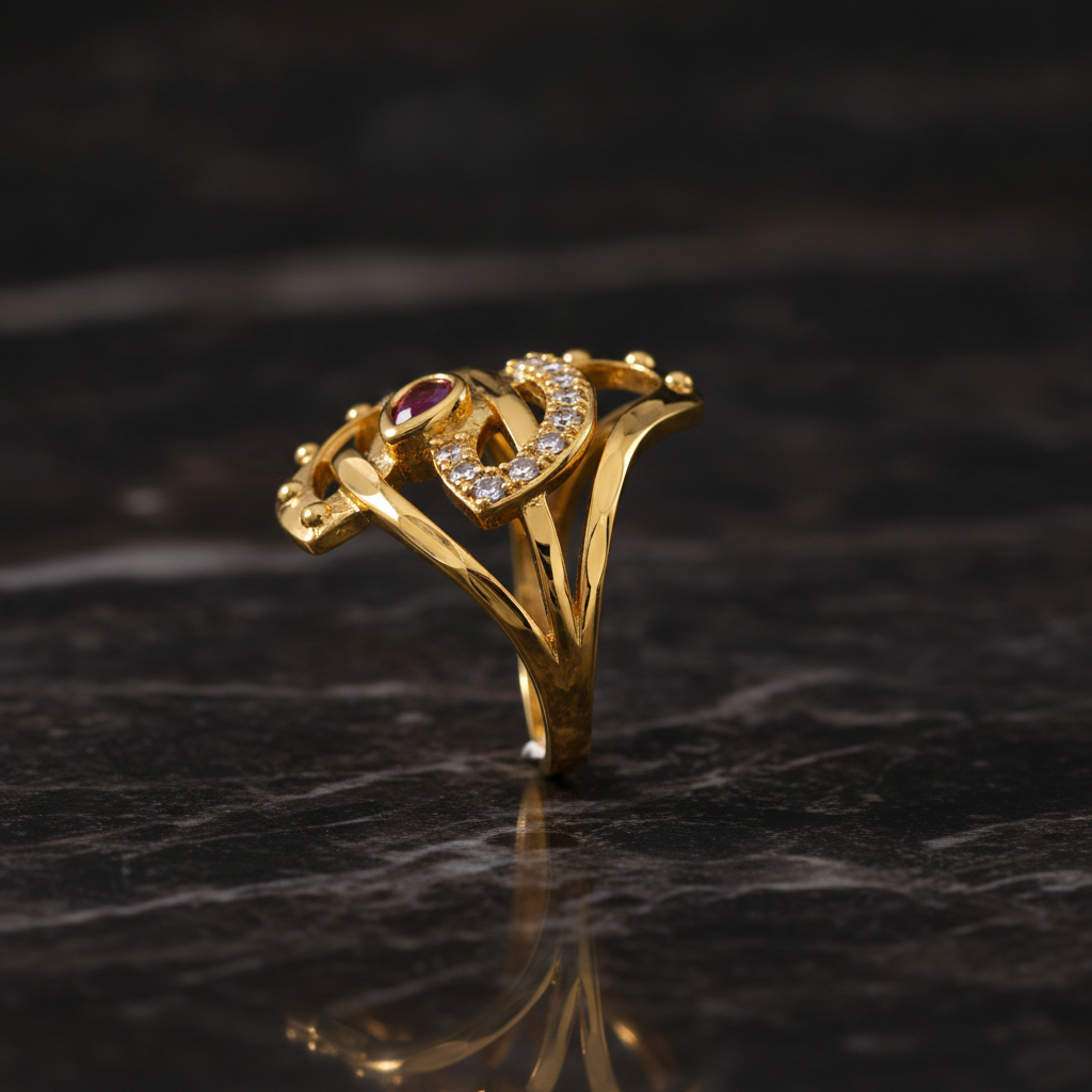 Royal Ruby Crescent Halo Designer Ring