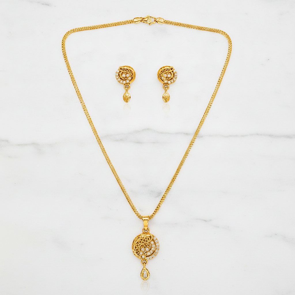 Elegant Paisley CZ Pendant Necklace & Matching Drop Earrings Set for Women