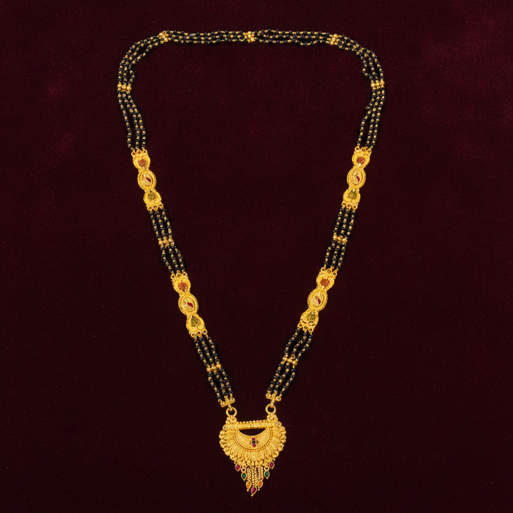 Traditional Mangalsutra Necklace with Red & Green Stone Pendant