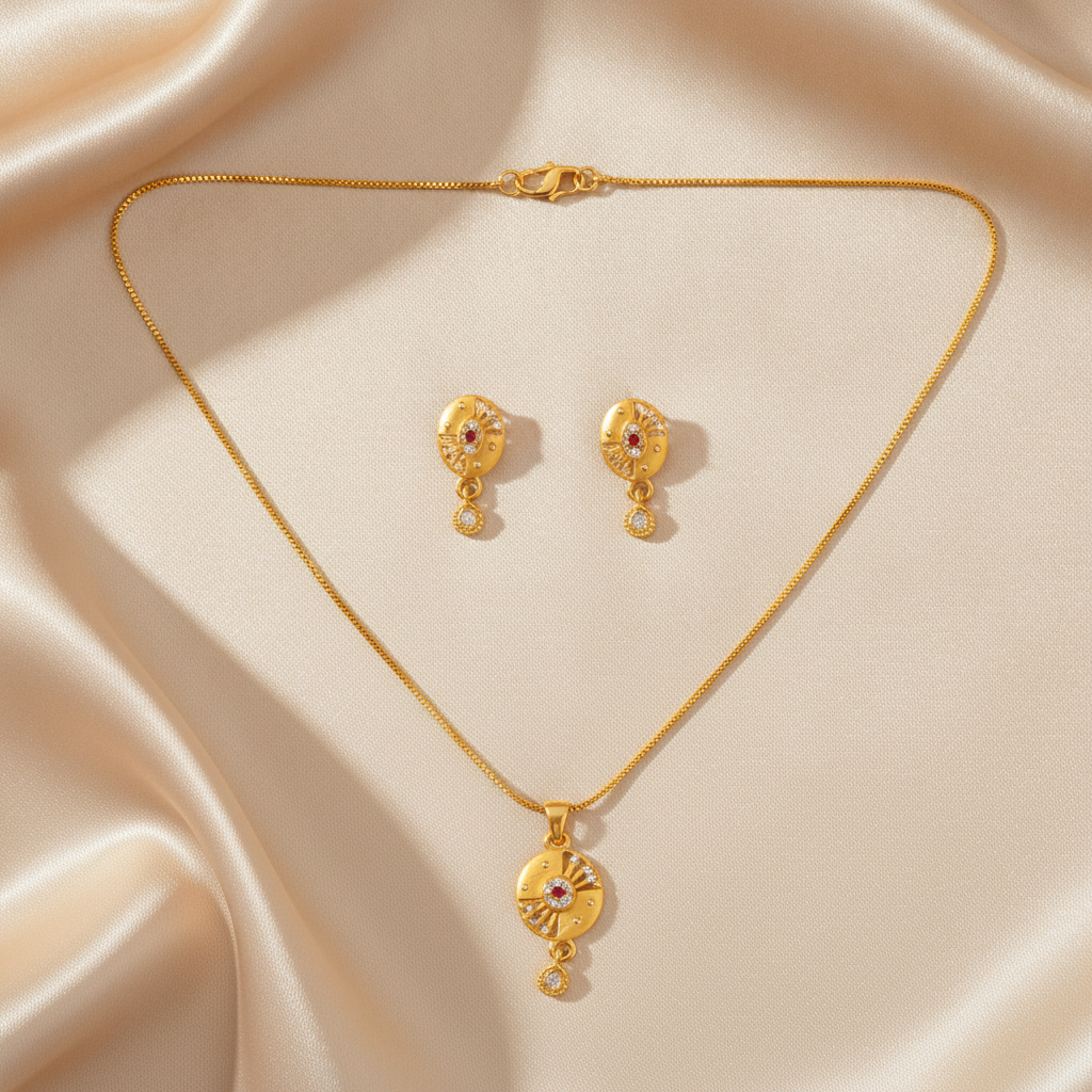 Radiant Ruby Halo Pendant Necklace Set
