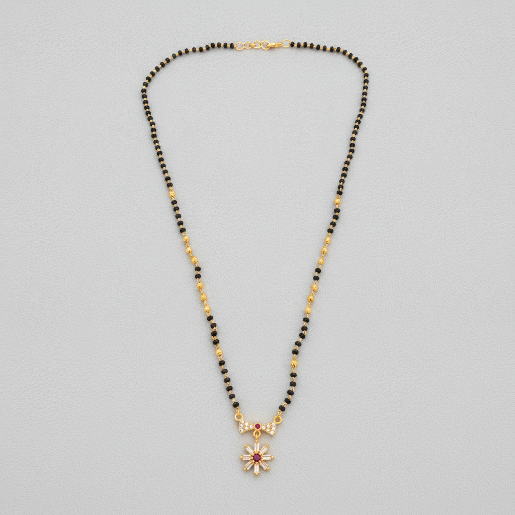 Traditional Mangalsutra with Red Stone & Sparkling CZ Flower Design