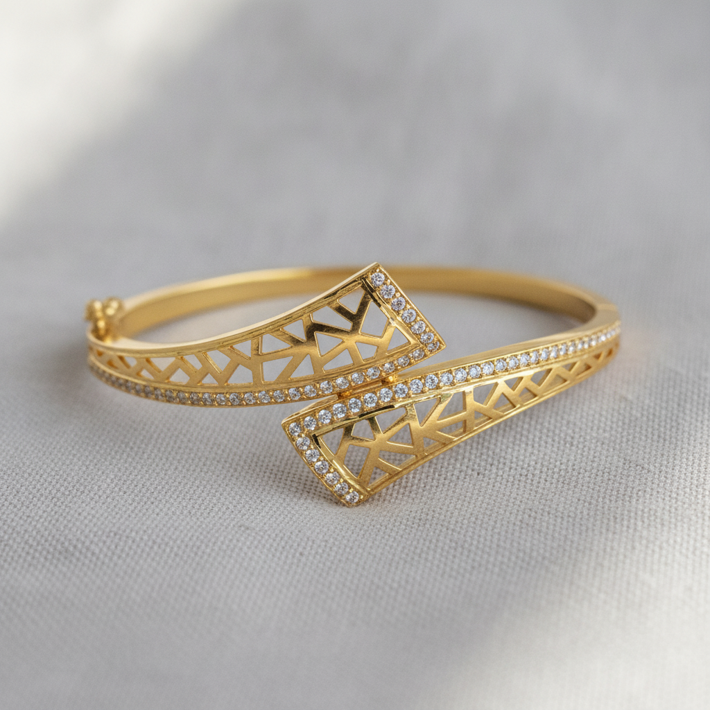 Luxury Geometric Lattice CZ Open Kada Bracelet for Women