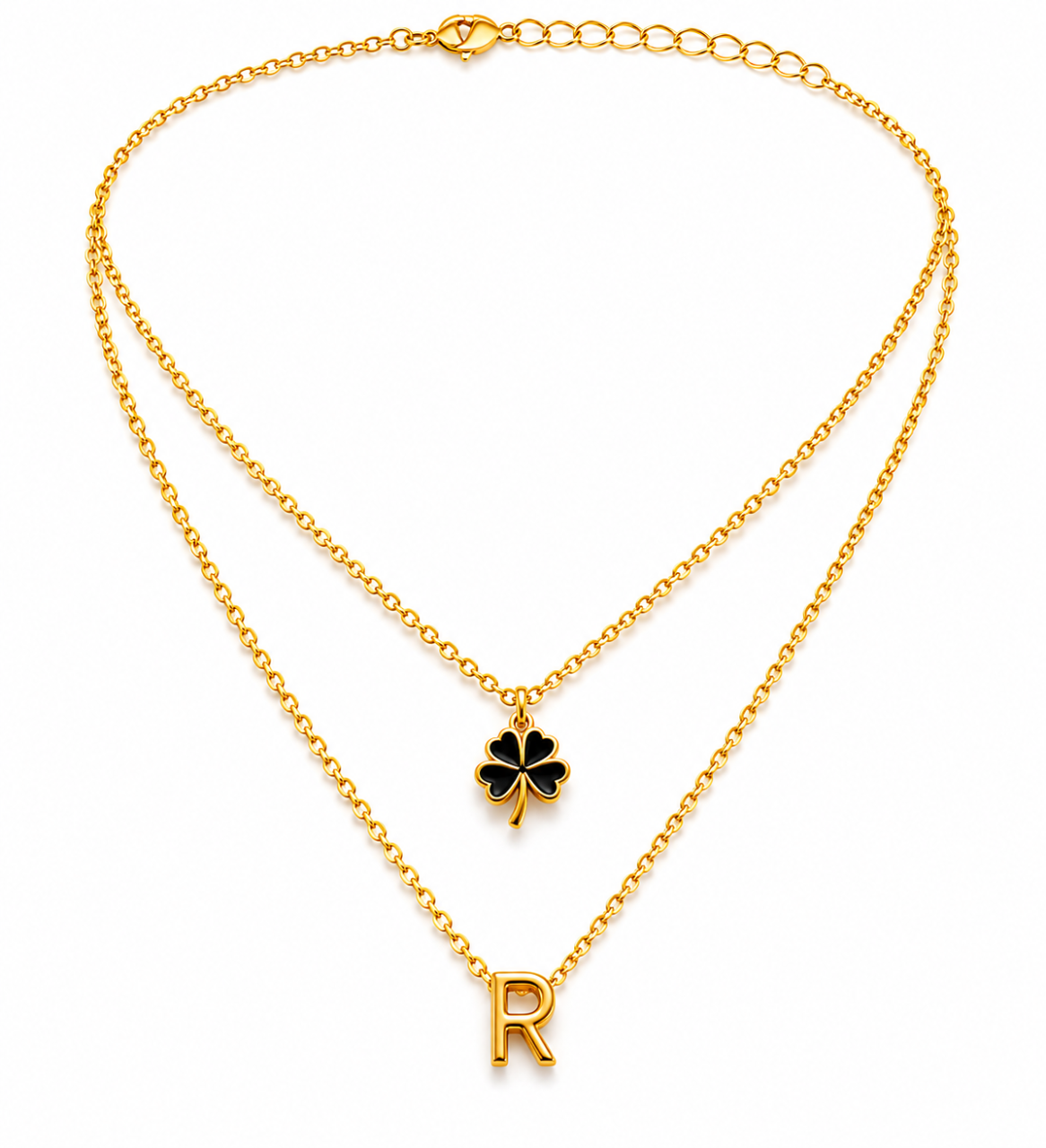 Elegant Double Chain Initial R & Clover Necklace for Women