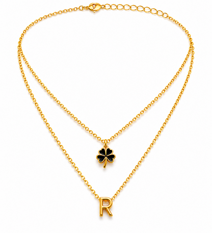 Elegant Double Chain Initial R & Clover Necklace for Women