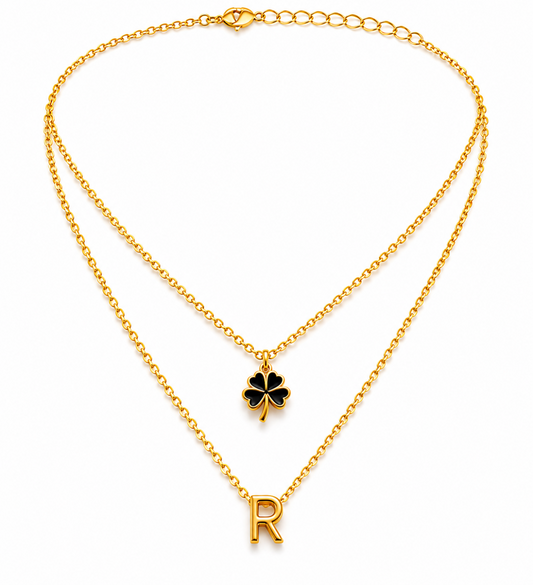 Elegant Double Chain Initial R & Clover Necklace for Women