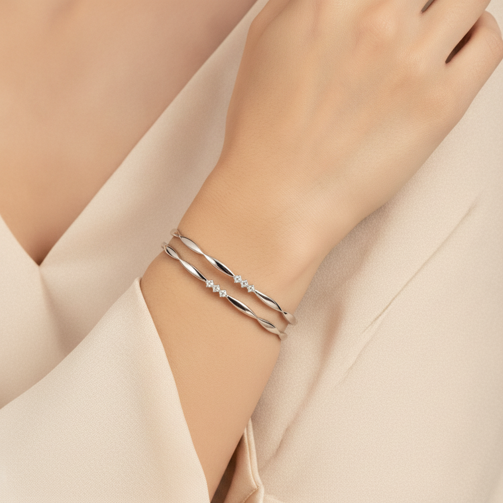 925 Silver Elegant Twisted Bangles with Cubic Zirconia