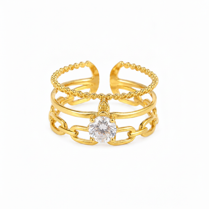 Luxury Triple Band Gold Ring with Brilliant Solitaire Stone