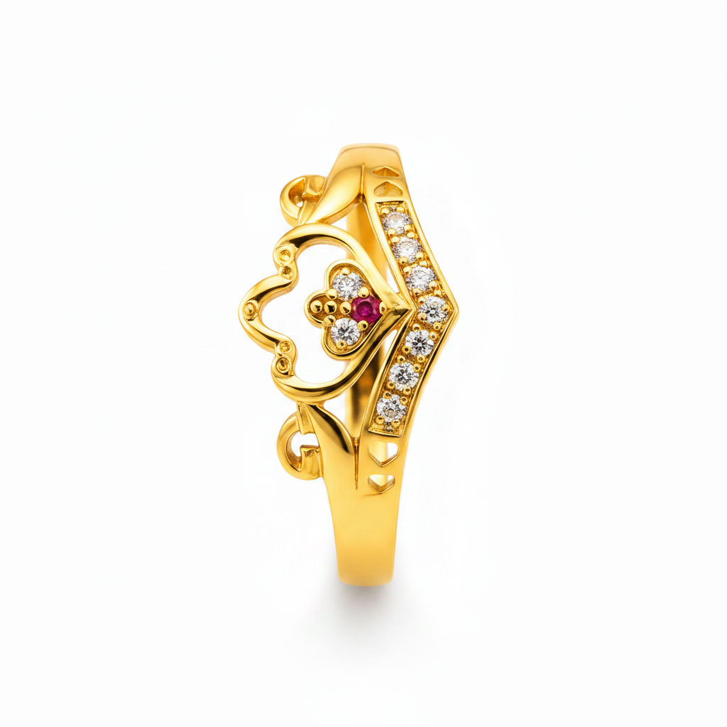 Royal Ruby Heart Crown CZ Statement Ring