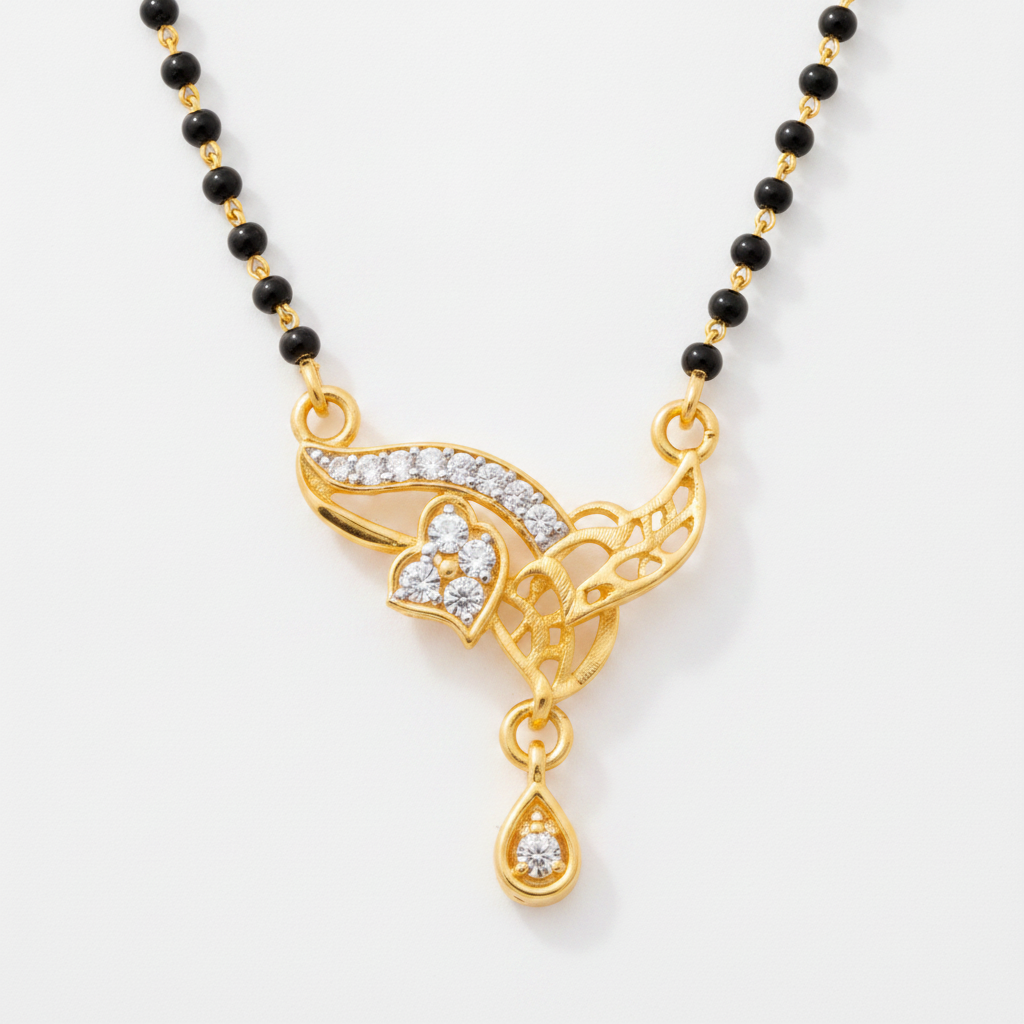 NUGOLD Designer Black Bead Mangalsutra with CZ Leaf Pendant