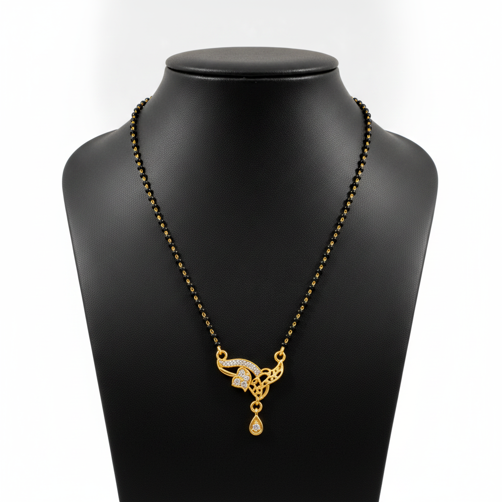 NUGOLD Designer Black Bead Mangalsutra with CZ Leaf Pendant