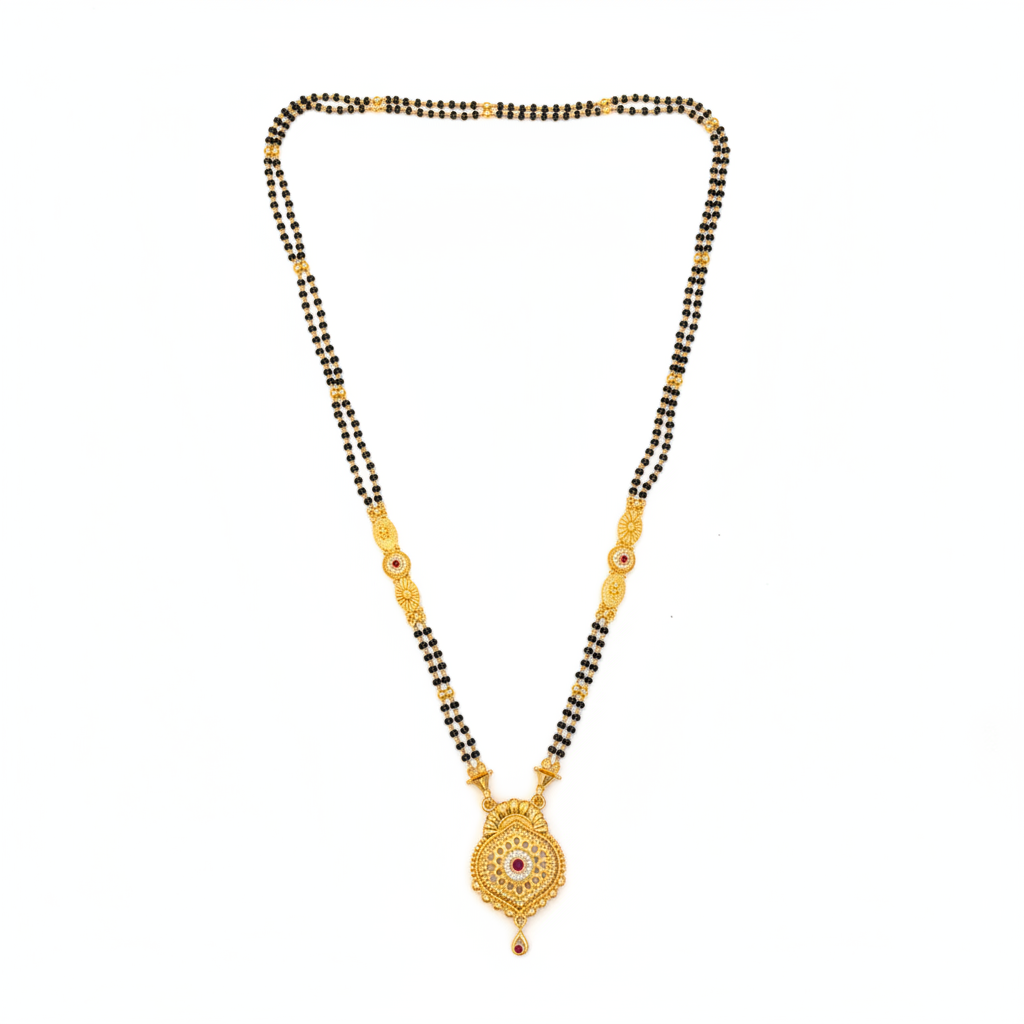 Traditional Black Bead Mangalsutra Necklace with Designer Round Pendant for Women