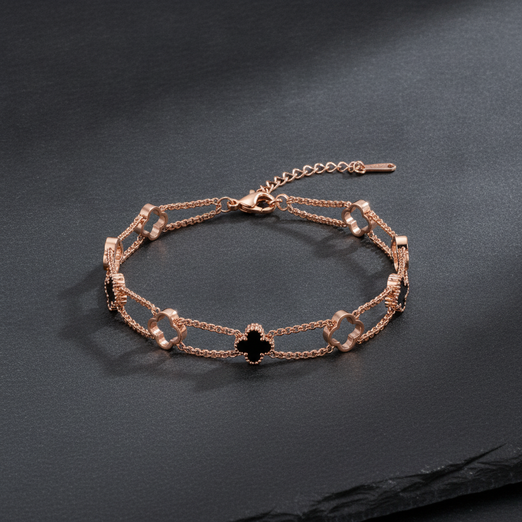 Rose Gold Double Layer Black Clover Bracelet for Women