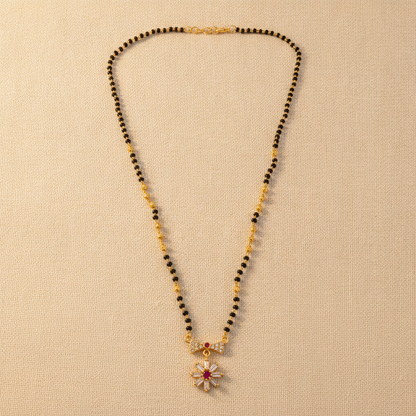 Traditional Mangalsutra with Red Stone & Sparkling CZ Flower Design