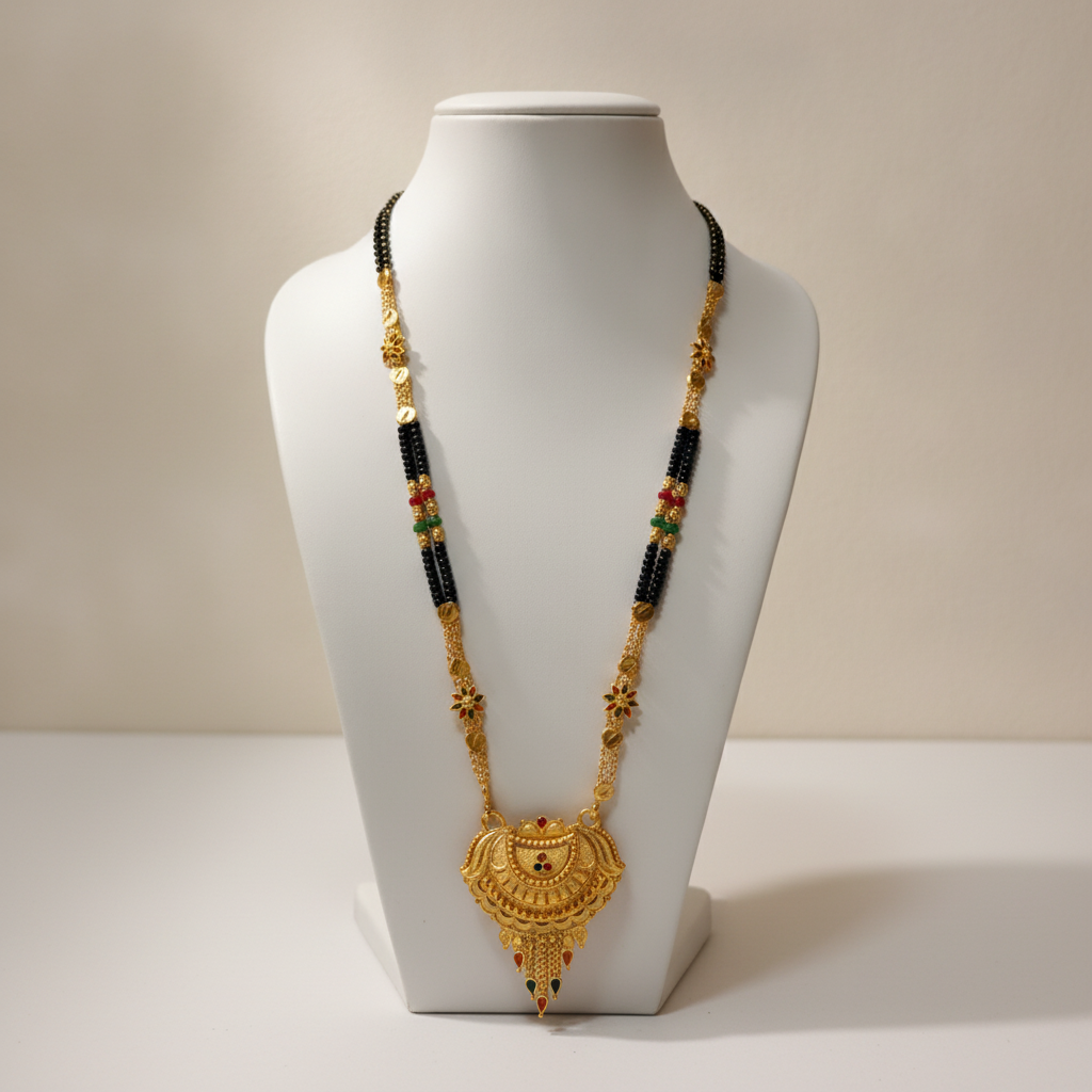 Traditional Black Bead Mangalsutra with Ornamental Heritage Pendant