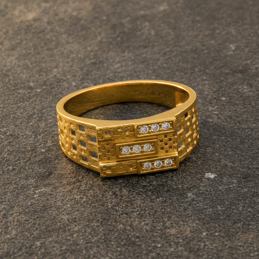 Royal Triple-Bar Crystal Grid Statement Ring for Men