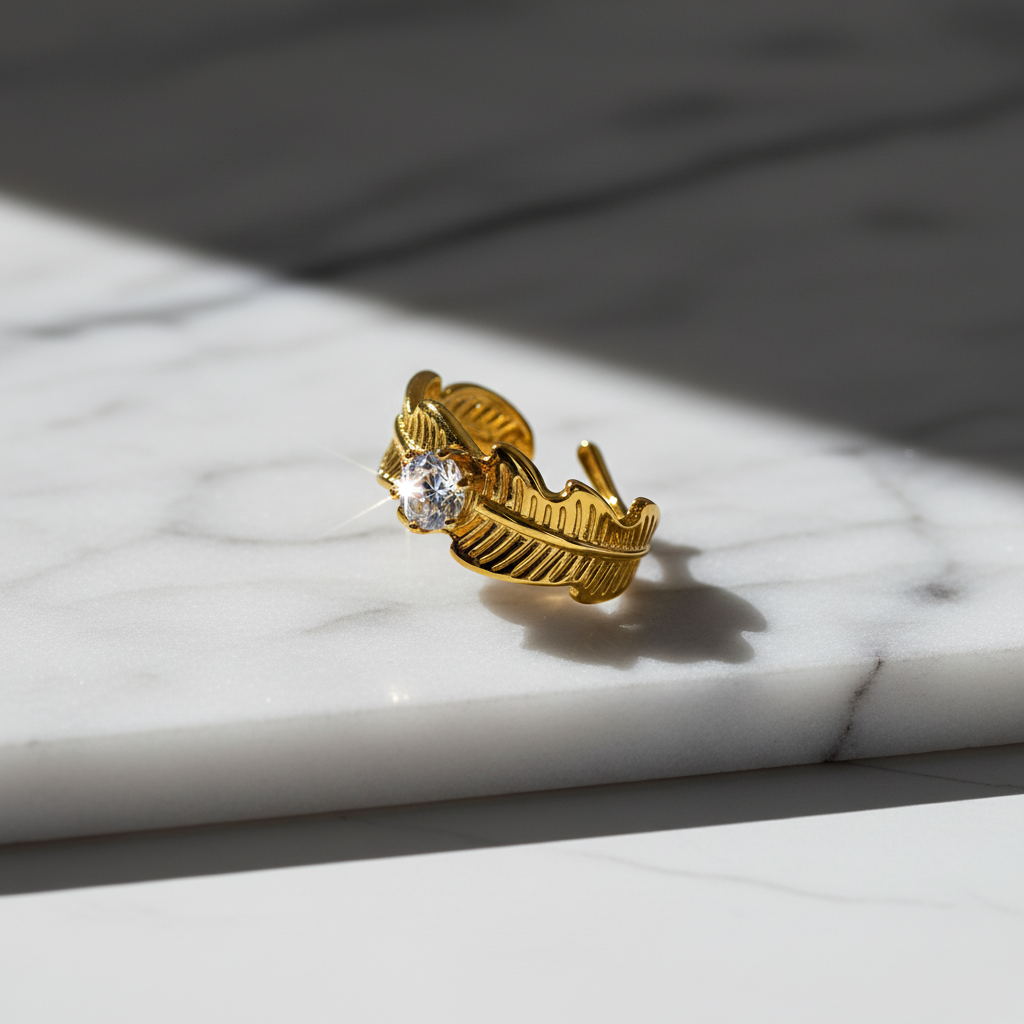 Elegant Leaf Texture Anti-Tarnish Ring with CZ Stone