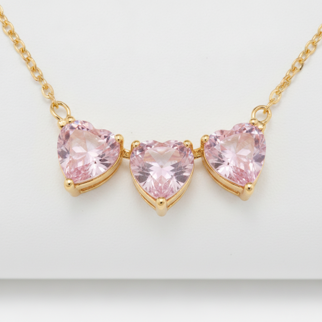 NUGOLD Triple Pink Heart Crystal Necklace for Women & Girls