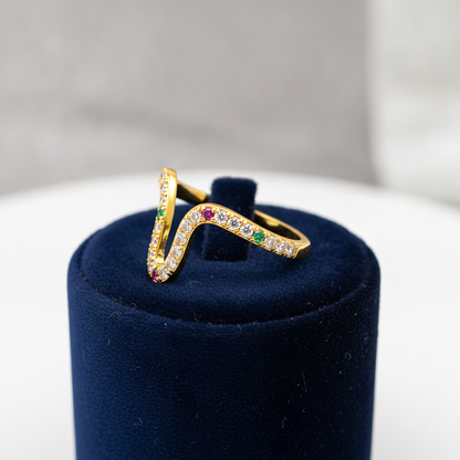 Elegant Curved Wave Ring with Multicolor Cubic Zirconia for Women & Girls