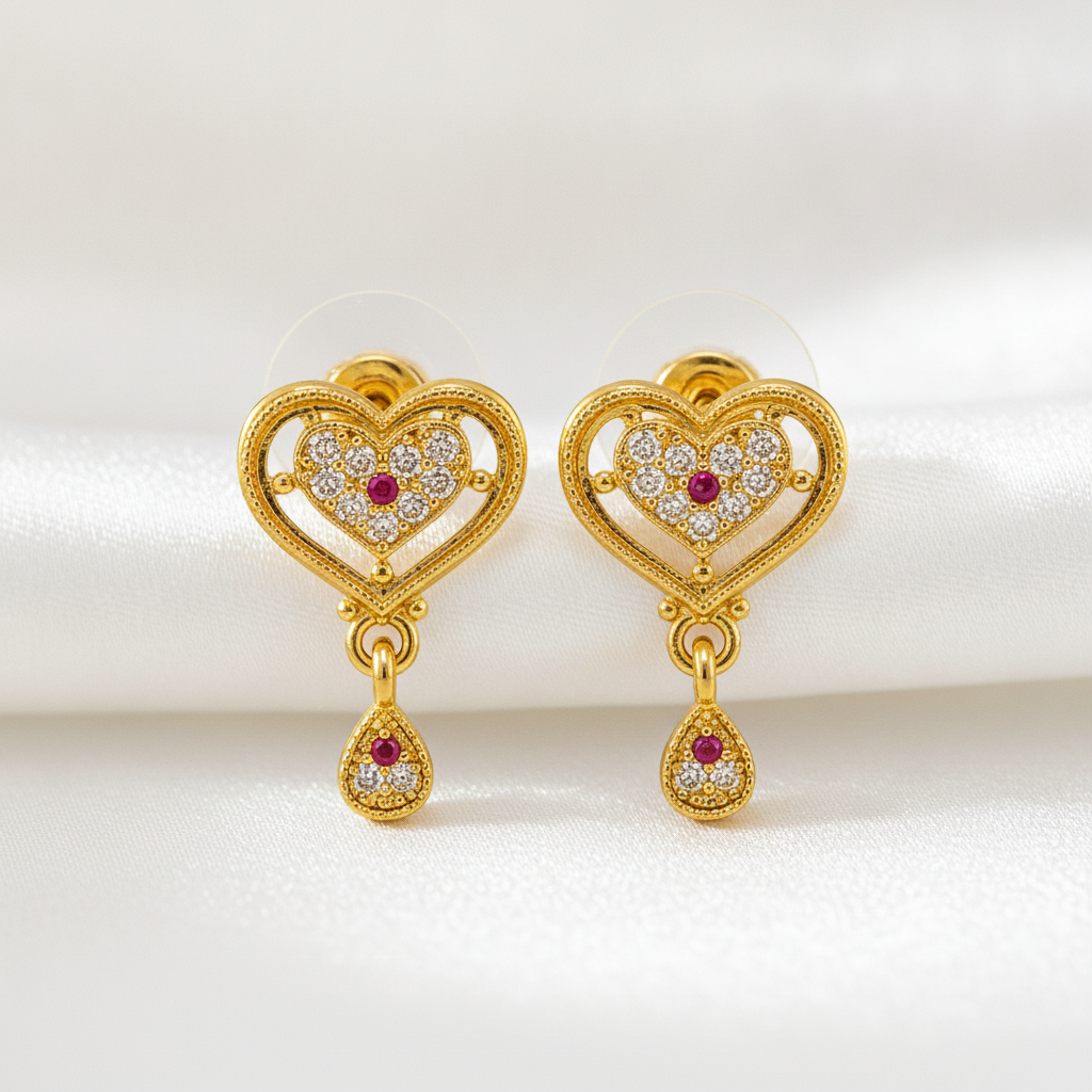 Radiant Imperial Ruby-Tinted Halo Heart Drops Earring