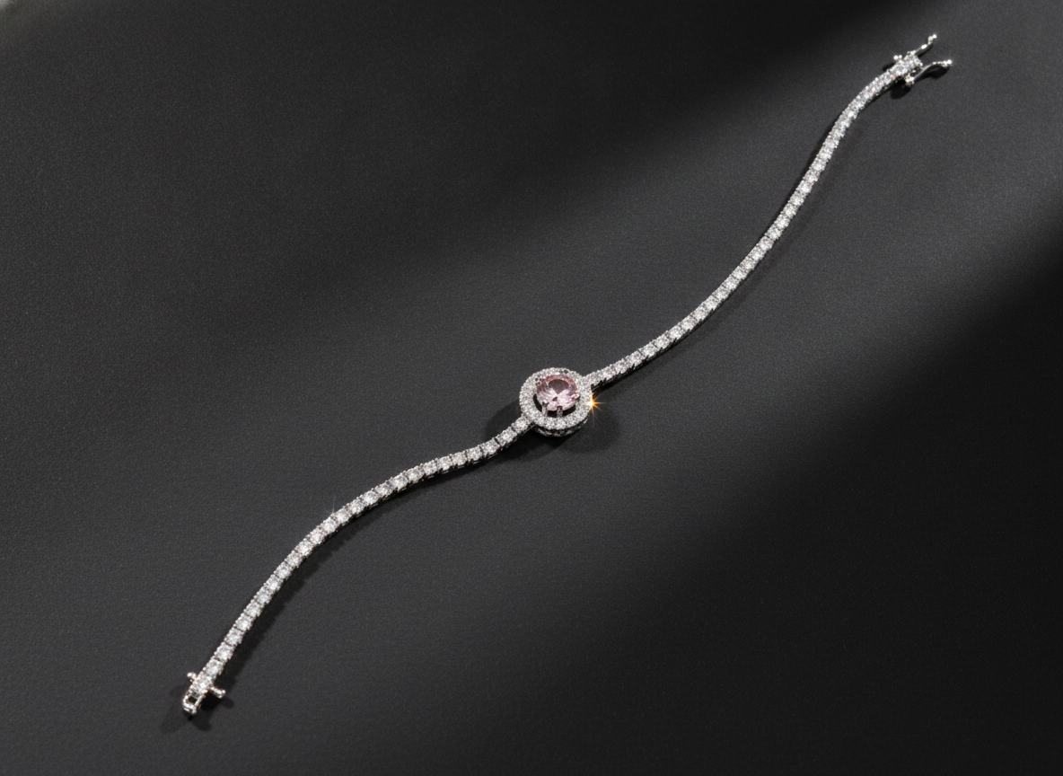 Pink Halo CZ Tennis 925 Sterling Silver Bracelet for Women