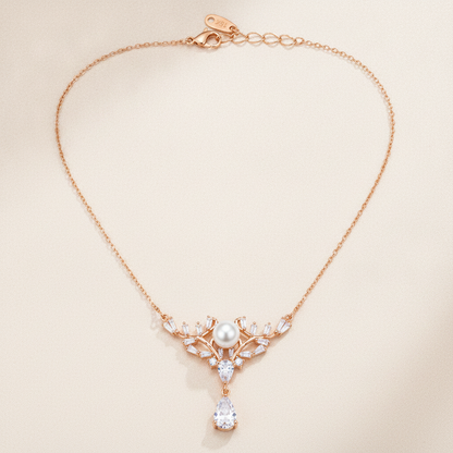 Elegant Pearl Crown Pendant Necklace in Rose Gold