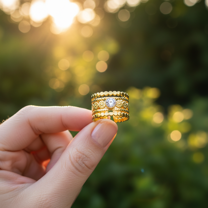 Elegant Textured Anti-Tarnish Layered Ring with CZ Stone