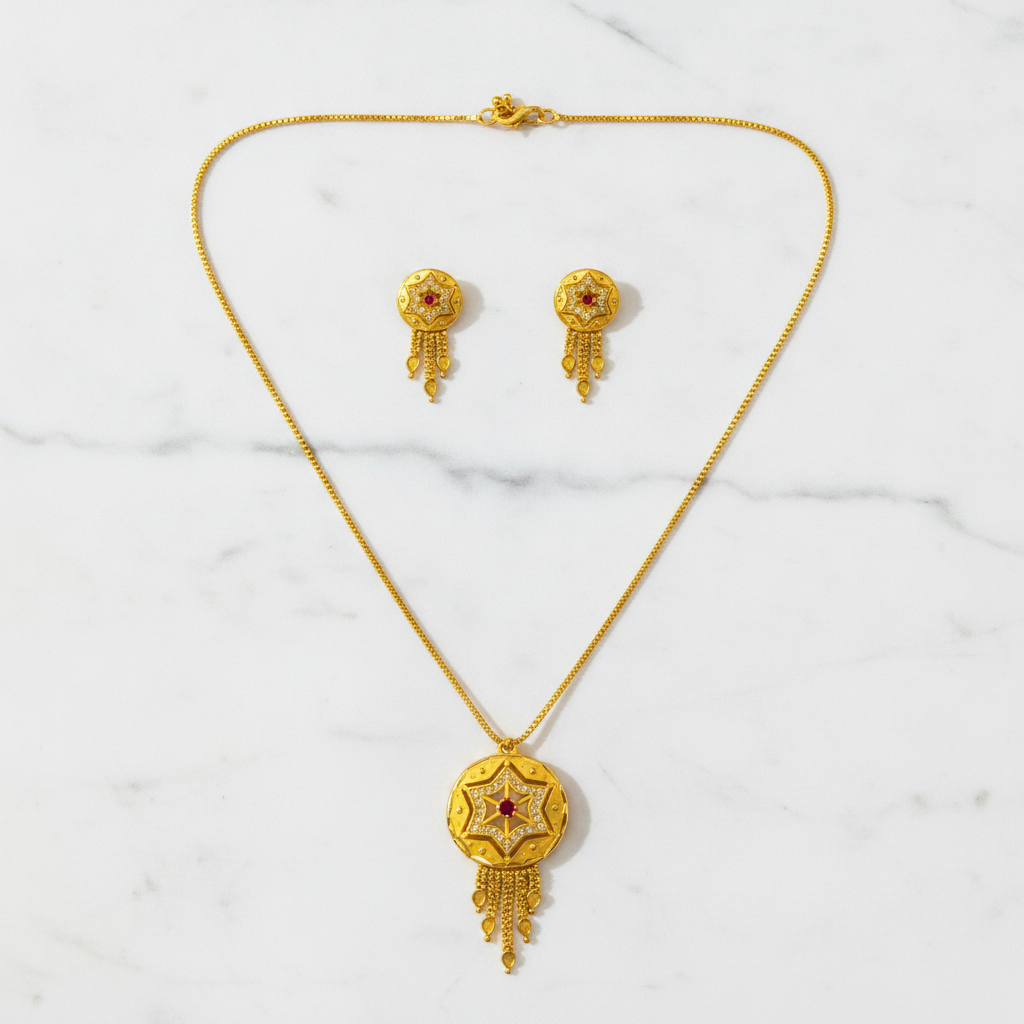 Traditional Star Design Pendant Necklace & Matching Tassel Earrings Set for Women
