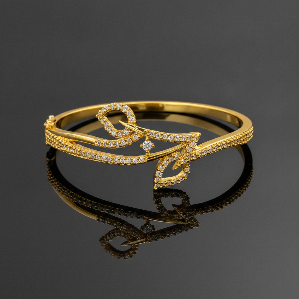 Luxury Leaf Swirl CZ Open Kada Bracelet for Women