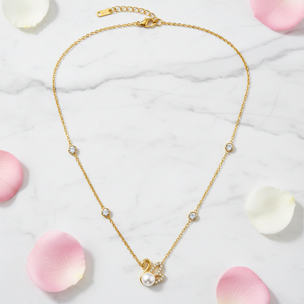 Graceful Swan Pearl Necklace with Sparkling CZ Stones