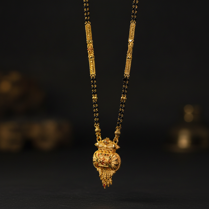 NUGOLD Traditional Multi-Strand Black Bead Mangalsutra with Antique Barrel Pendant
