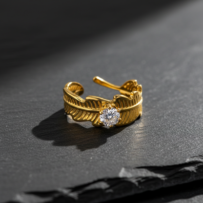 Elegant Leaf Texture Anti-Tarnish Ring with CZ Stone