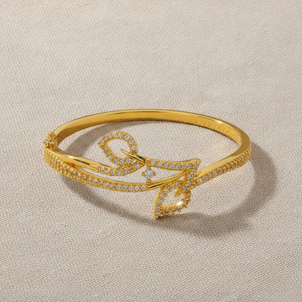 Luxury Leaf Swirl CZ Open Kada Bracelet for Women