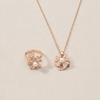 Elegant Rose Gold Pinwheel Pearl & CZ Pendant Necklace with Matching Ring Combo Set for Women