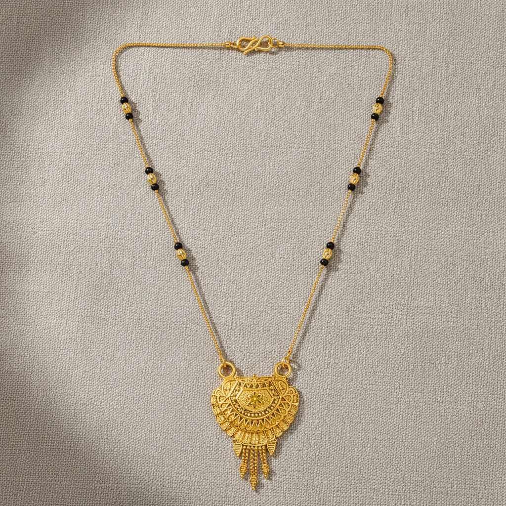 Traditional Black Bead Mangalsutra with Antique Floral Pendant