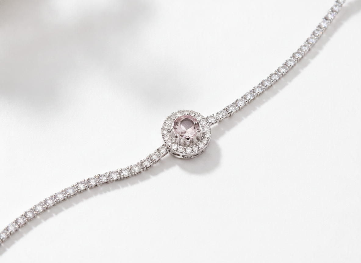 Pink Halo CZ Tennis 925 Sterling Silver Bracelet for Women