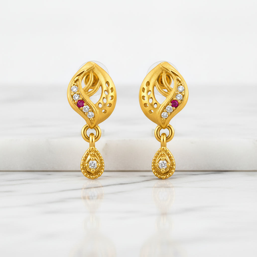 Traditional Swirl Motif Pendant Earrings with Teardrop Beaded Droplets